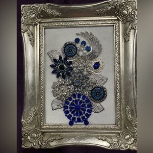 JEWELRY ART COLLAGE IN STUNNING COLORS OF SILVER/BLUE/WHITE. OOAK GIFT 💝 IDEA